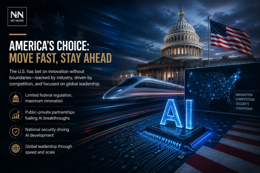 Illustration of the United States' innovation-driven approach to artificial intelligence, highlighting AI leadership, technological competitiveness, national security, and global influence.