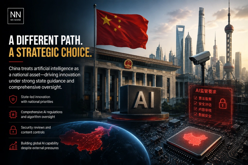 China’s state-led approach to artificial intelligence governance, highlighting AI regulation, algorithm oversight, national security, technological innovation, and strategic competition in the global AI race.