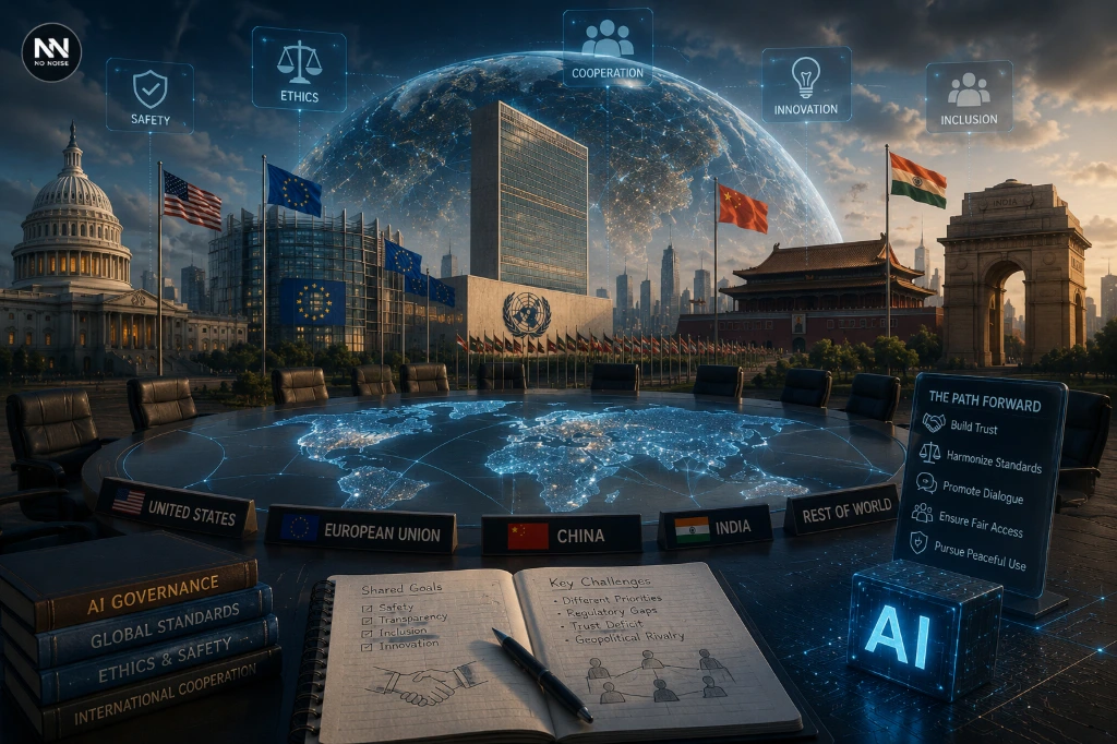 Global leaders and international institutions discuss artificial intelligence governance, highlighting the challenges of coordinating AI regulations, safety standards, and technological competition across major world powers.