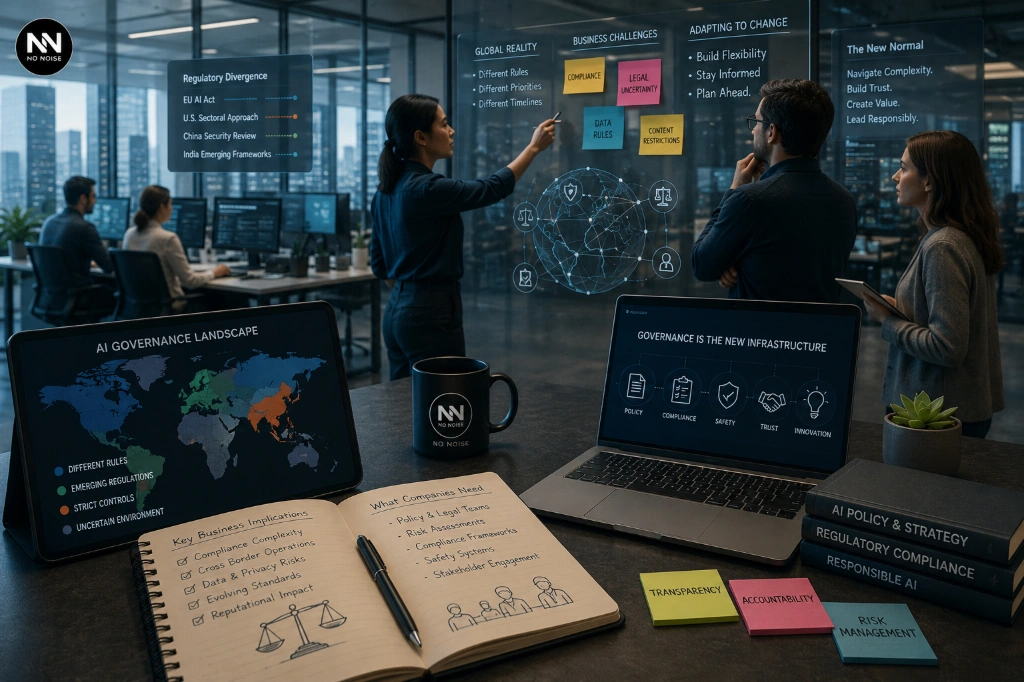 Technology companies adapting to fragmented AI regulations across global markets, with teams managing compliance, governance, risk assessment, transparency requirements, and responsible artificial intelligence strategies.