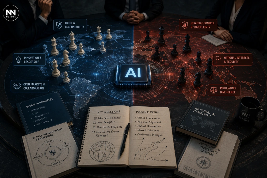 Global AI governance debate showing competing regulatory visions, strategic policy frameworks, and international influence shaping the future of artificial intelligence.