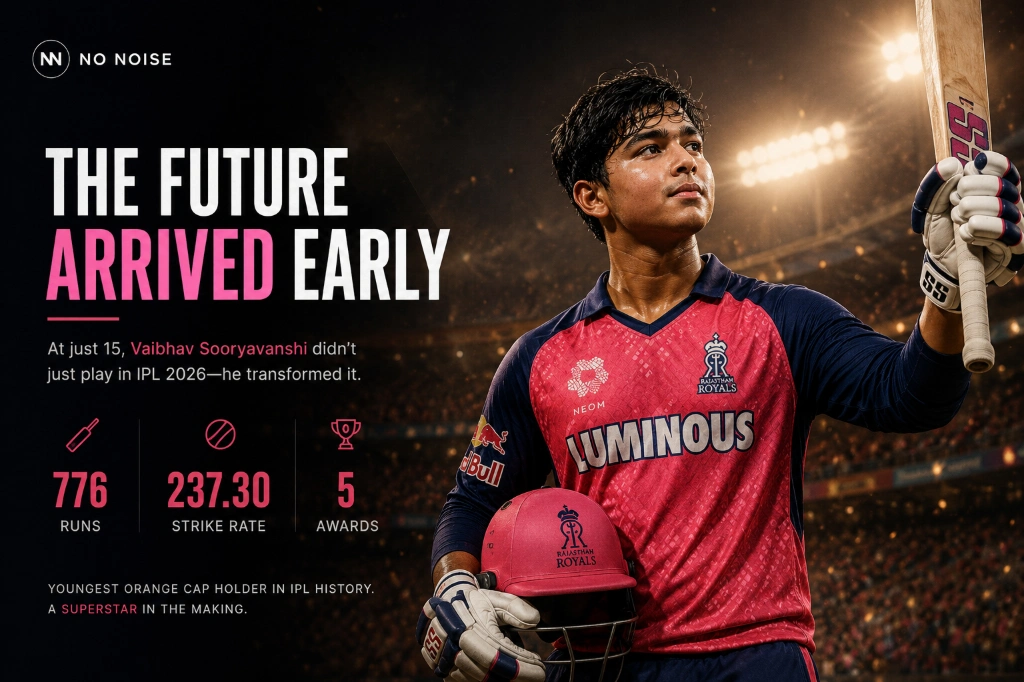 Vaibhav Sooryavanshi IPL 2026 graphic highlighting his historic season with 776 runs, a 237.30 strike rate, and five awards at age 15.