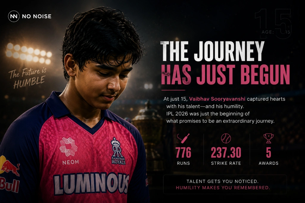 Thoughtful portrait of Vaibhav Sooryavanshi during IPL 2026, highlighting his record-breaking season, humility, and emergence as one of cricket's brightest young talents.