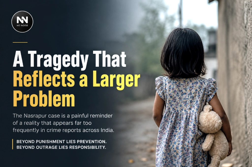 Editorial graphic highlighting child safety concerns in India, showing a child holding a teddy bear and emphasizing prevention, responsibility, and community awareness.