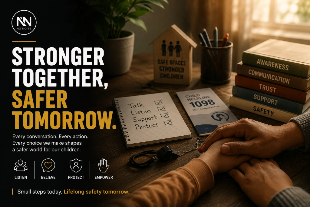 Editorial illustration showing adults supporting a child through awareness, communication, trust, and protection, highlighting the shared responsibility of child safety.