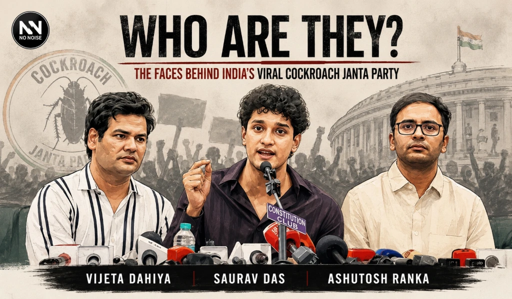The Faces Behind The Cockroach Janta Party Editorial illustration featuring Cockroach Janta Party spokespersons Vijeta Dahiya, Saurav Das and Ashutosh Ranka during a press conference, highlighting the faces behind India's viral youth movement.