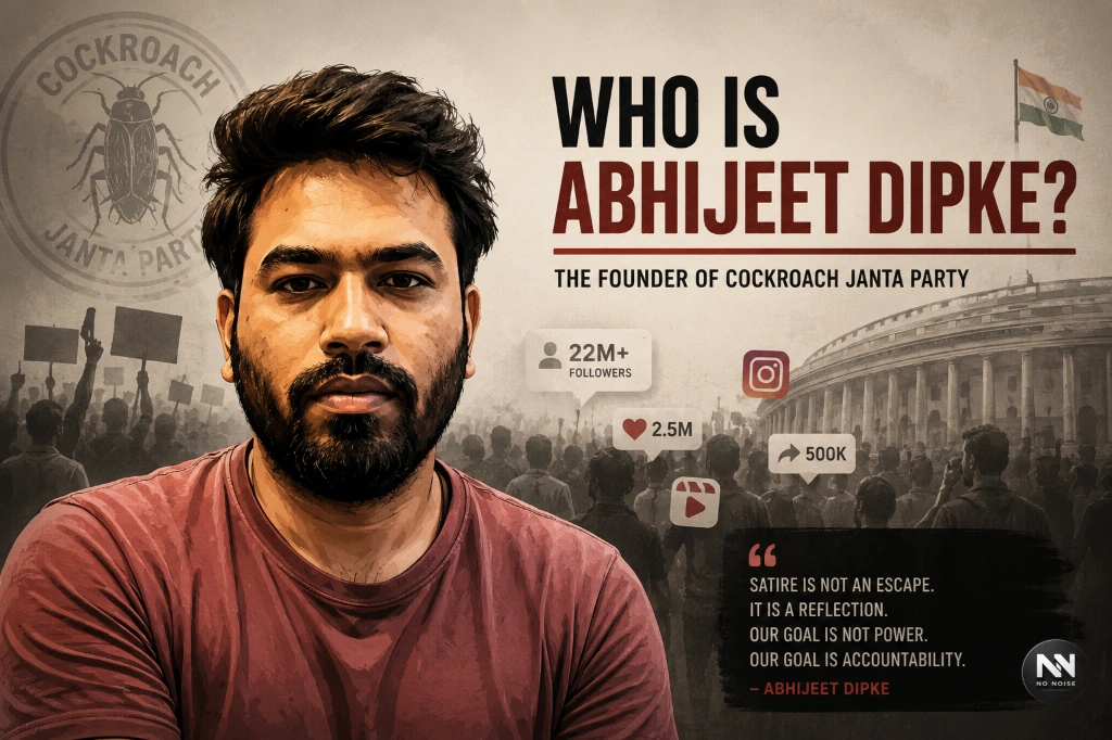 Abhijeet Dipke: The Founder Behind The Movement Editorial illustration of Abhijeet Dipke, founder of the Cockroach Janta Party, highlighting the rise of the youth-led movement and its growing influence across social media in India.