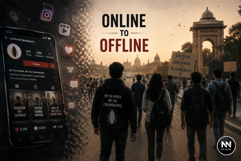 From viral posts and millions of followers to real-world mobilisation, the Cockroach Janta Party faces its biggest test beyond social media. Illustration showing the Cockroach Janta Party's transition from viral social media popularity to real-world civic mobilisation, with young Indians walking toward Delhi's Jantar Mantar.