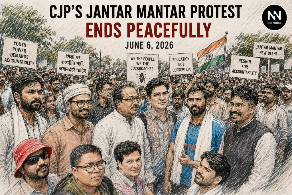 Peaceful CJP protest at Jantar Mantar draws public attention to education accountability and youth concerns in June 2026. Sketch-style illustration of the Cockroach Janta Party's June 2026 Jantar Mantar protest in New Delhi, showing supporters and movement leaders gathered peacefully around education accountability demands.
