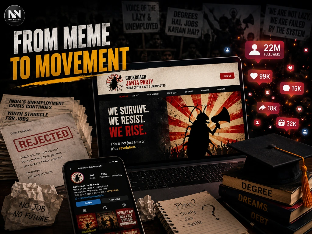 From Meme to Movement: The Digital Rise of the Cockroach Janta Party Laptop displaying the Cockroach Janta Party website surrounded by graduation cap, job rejection letters, social media notifications and youth protest imagery, illustrating the movement's rise from online satire to public activism in India.