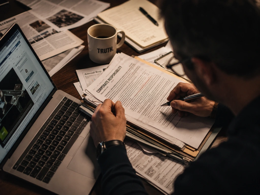 Editorial fact-checking process with a journalist reviewing documents, reports and verified sources