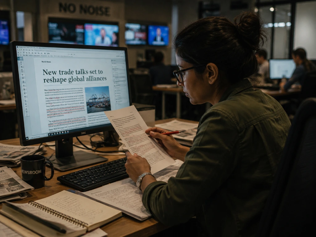 Professional editor reviewing article content and making editorial revisions in a modern newsroom