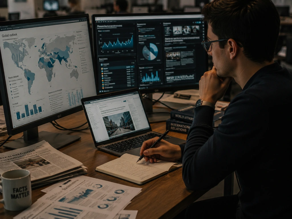 News analyst reviewing global developments, data visualisations and research sources in a modern newsroom