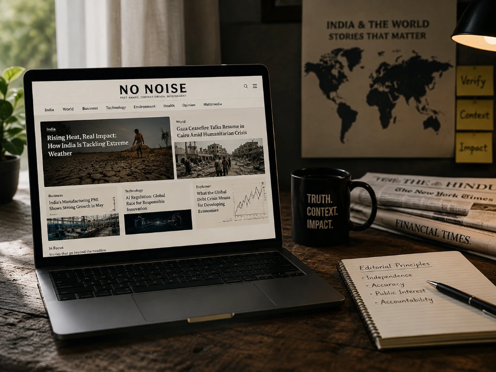 Independent digital newsroom workspace featuring global news coverage, editorial principles and public interest journalism