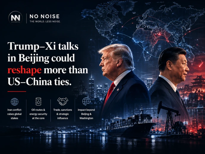 Editorial illustration of Donald Trump and Xi Jinping during high-stakes diplomatic talks in Beijing