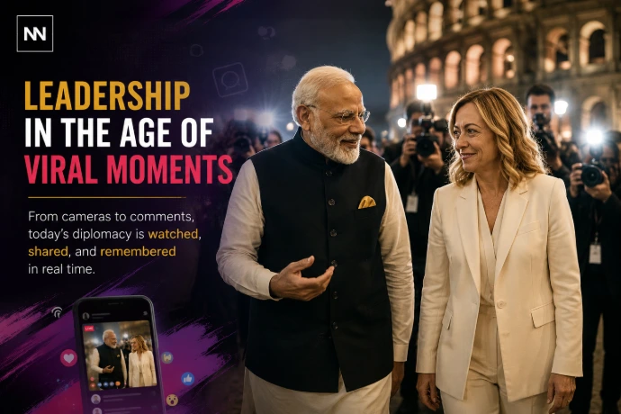 Narendra Modi and Giorgia Meloni during a diplomatic meeting in Rome reflecting modern political optics and international relations.
