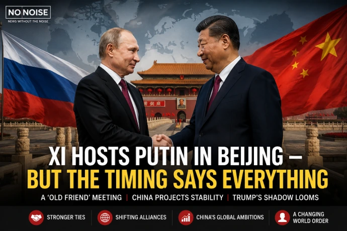 Xi Jinping and Vladimir Putin during a high-level diplomatic meeting in Beijing discussing global alliances and geopolitical strategy.