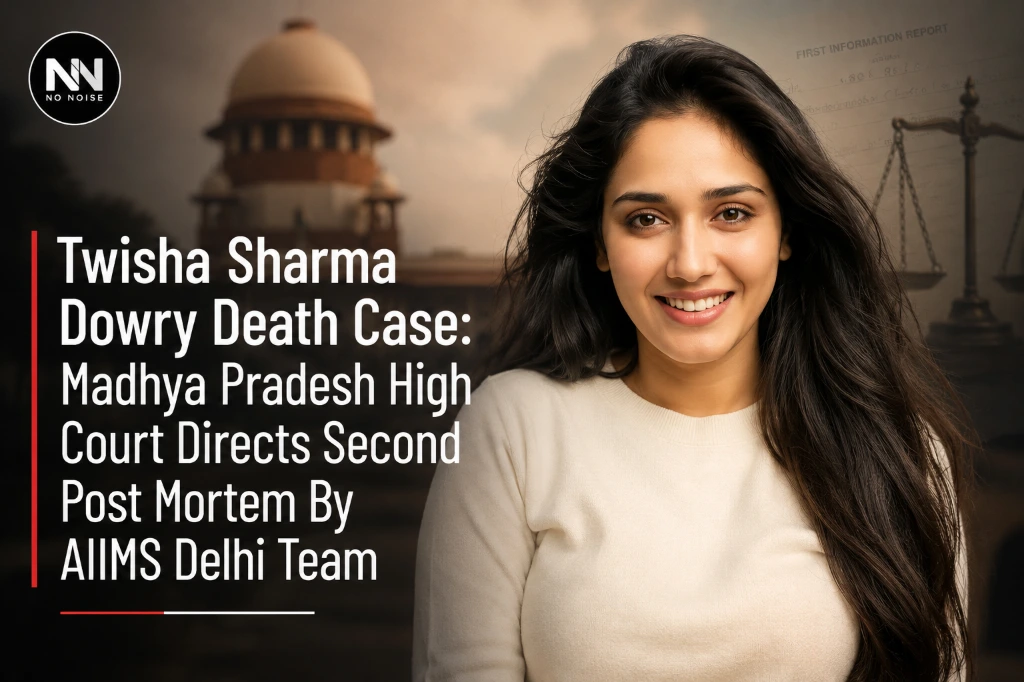 Illustration of Twisha Sharma legal case coverage with courtroom background and investigation theme