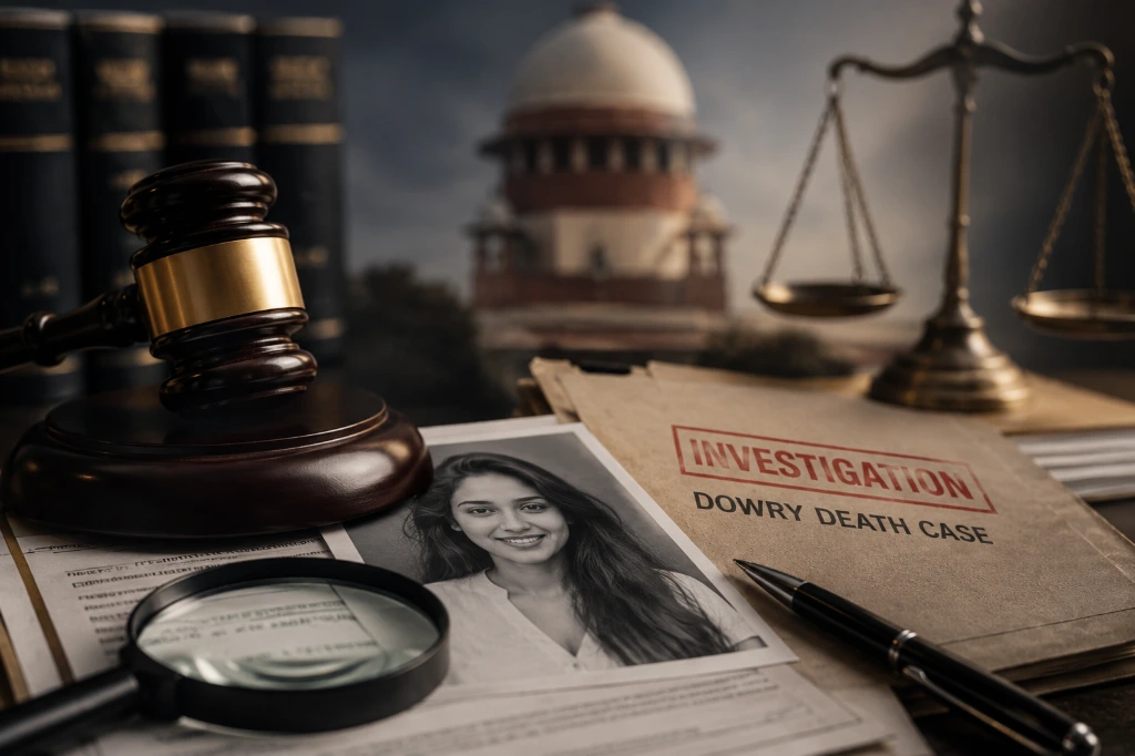 Legal investigation themed illustration related to the Twisha Sharma case and possible CBI probe