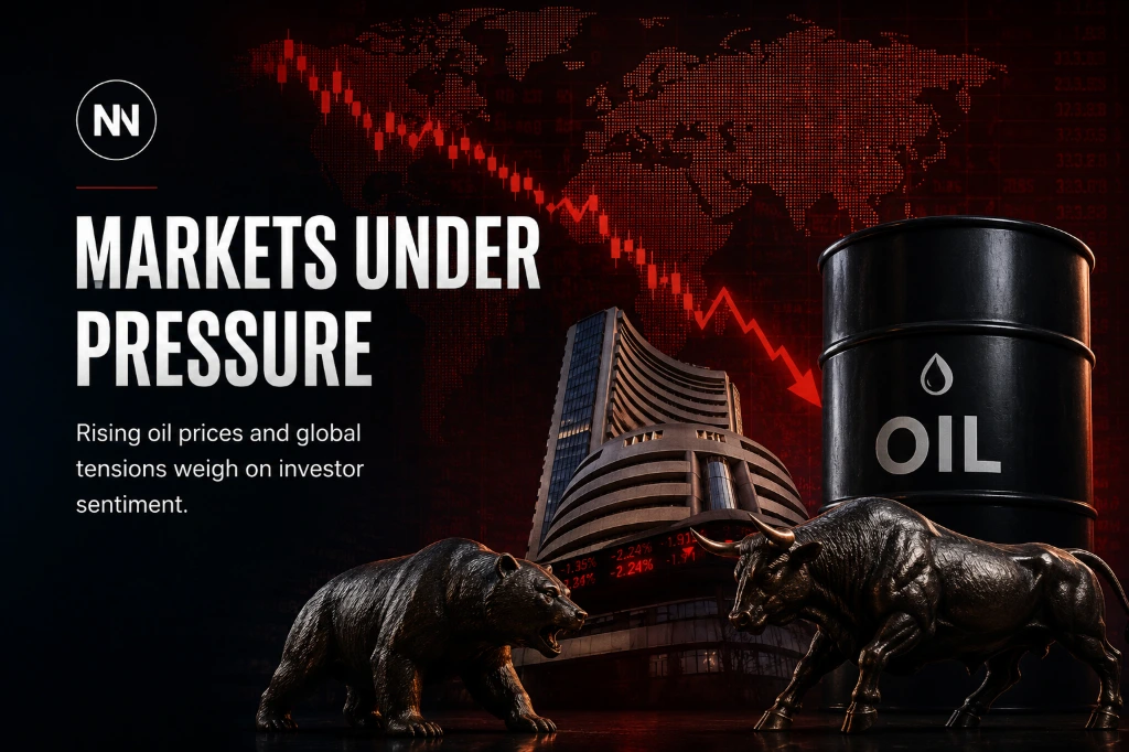 Markets under pressure as oil prices and global uncertainty weigh on investor sentiment. Global market pressure illustration showing falling stock charts, oil barrel, and Sensex building amid rising geopolitical and oil price anxiety.