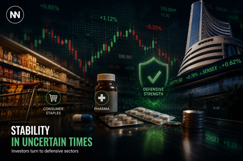 Defensive sectors and large-cap stocks remained relatively stable despite broader market volatility and oil price concerns. Defensive sectors including FMCG and pharma stocks showing stability during volatile Indian market trading session in 2026.