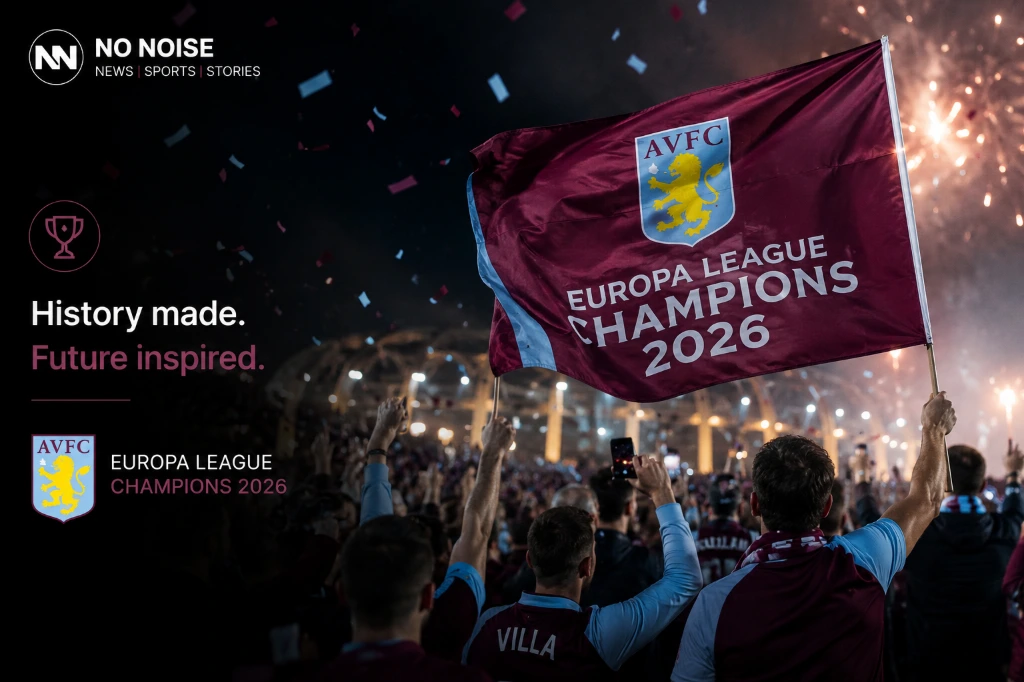Aston Villa fans celebrate Europa League 2026 victory with flags, fireworks, and stadium atmosphere during a historic night in European football.