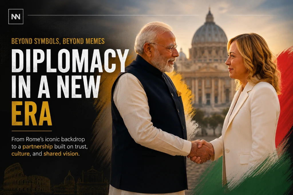 Narendra Modi and Giorgia Meloni meeting in Rome during a diplomatic engagement focused on modern global partnerships and India–Italy relations.