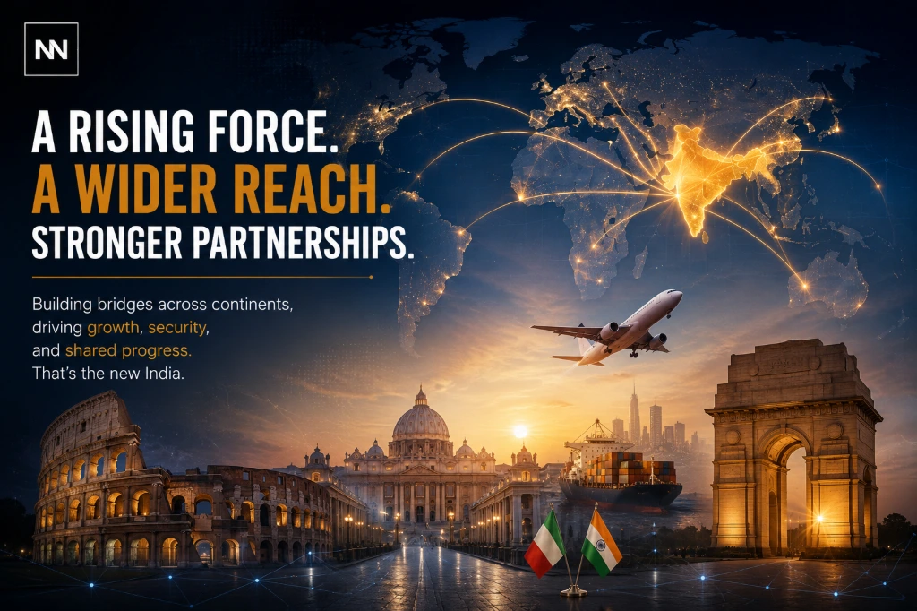 Editorial graphic showing India’s expanding global partnerships with Italy through diplomacy, trade, connectivity, and international cooperation.