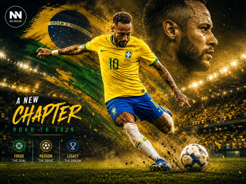 Cinematic Neymar football poster featuring Brazil’s World Cup 2026 ambitions with dramatic stadium lighting and No Noise branding.