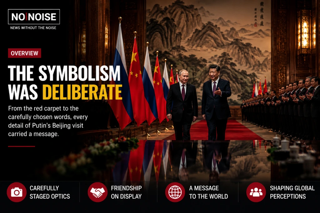 Chinese President Xi Jinping and Russian President Vladimir Putin walk through a ceremonial hall in Beijing during a high-profile diplomatic meeting.