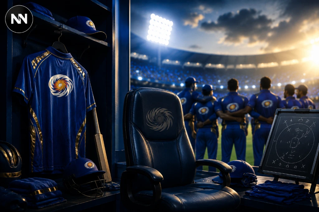 Mumbai Indians Face Crucial IPL 2026 Phase Amid Leadership Questions | No Noise Sports Editorial Cinematic No Noise sports editorial graphic showing a Mumbai Indians locker room, captain’s chair, tactical board, and team huddle inside a floodlit cricket stadium.