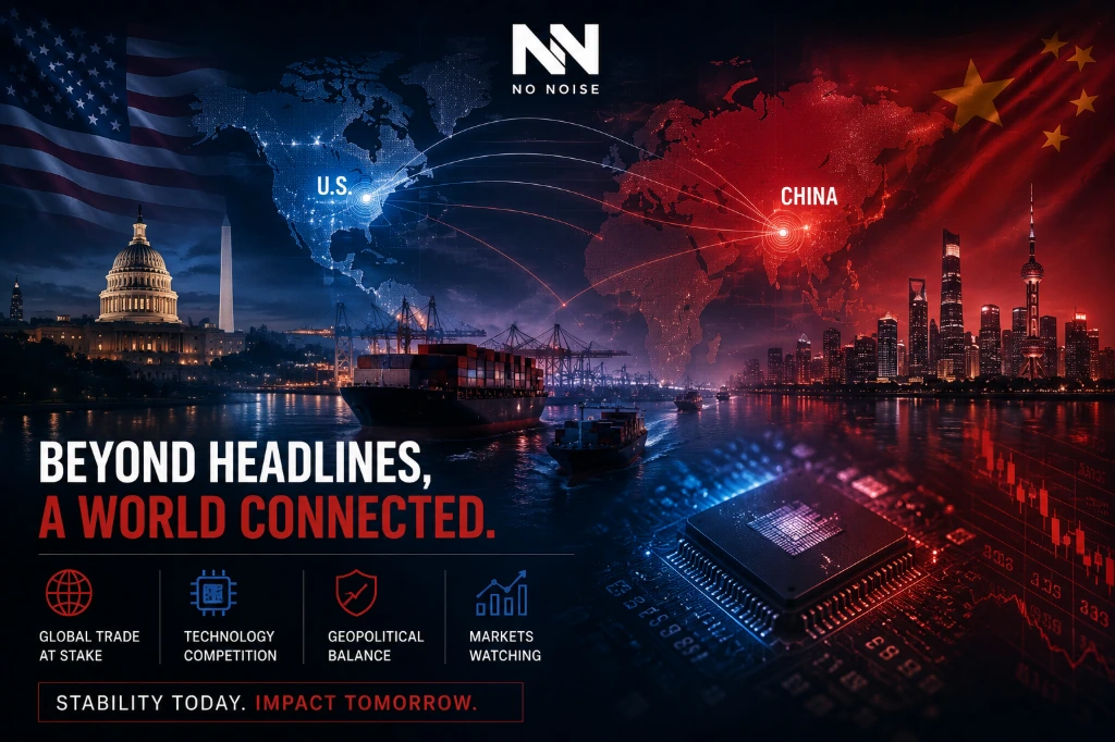 Beyond Headlines: A World Connected | U.S.-China Trade & Geopolitical Analysis by No Noise Cinematic No Noise editorial graphic showing U.S.-China geopolitical connections, global trade routes, semiconductor technology, and market impact visuals.