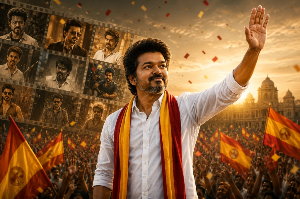 From cinema icon to political challenger — Thalapathy Vijay’s rise reflects a new chapter in Tamil Nadu politics. No Noise editorial artwork showing Thalapathy Vijay’s transition from Tamil cinema superstar to political challenger, featuring film-reel visuals, mass public support, and his rise in Tamil Nadu politics.
