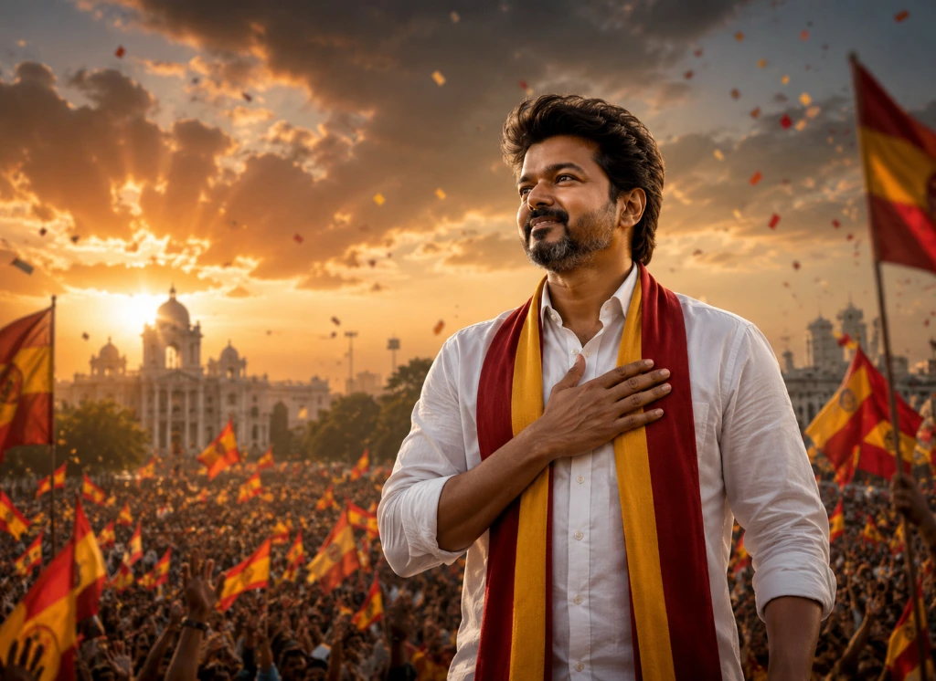 Thalapathy Vijay’s rise marks a defining moment in Tamil Nadu’s political landscape. No Noise editorial image showing Thalapathy Vijay addressing supporters during a large political rally in Tamil Nadu, symbolizing a defining moment in South Indian politics and public leadership.