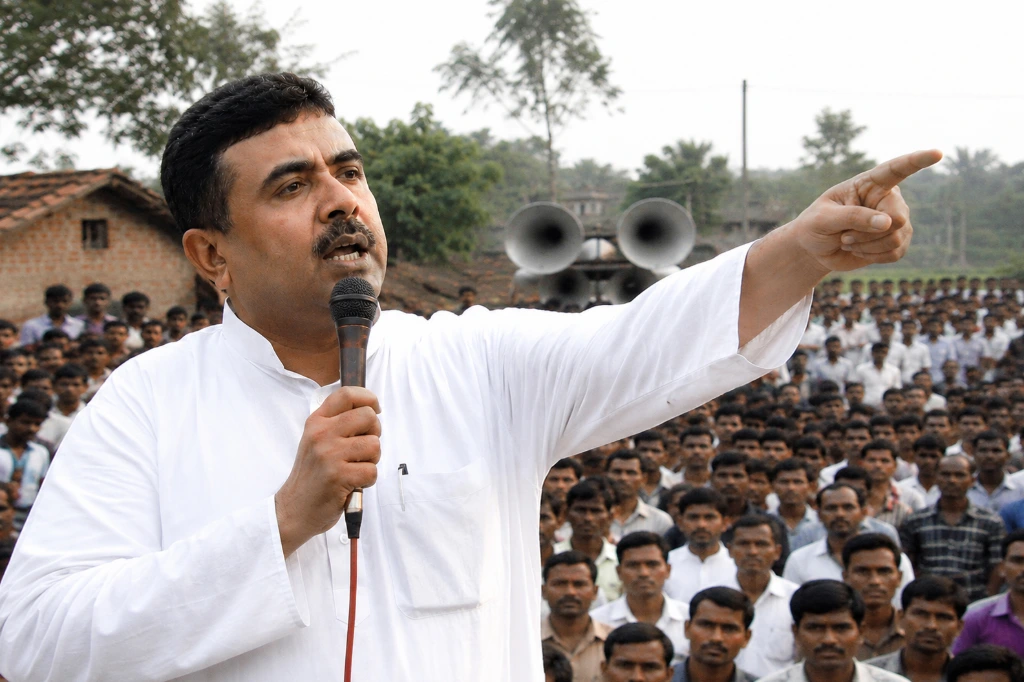 Suvendu Adhikari during his rise through grassroots politics in Nandigram Suvendu Adhikari addressing a large public gathering during the Nandigram movement in West Bengal