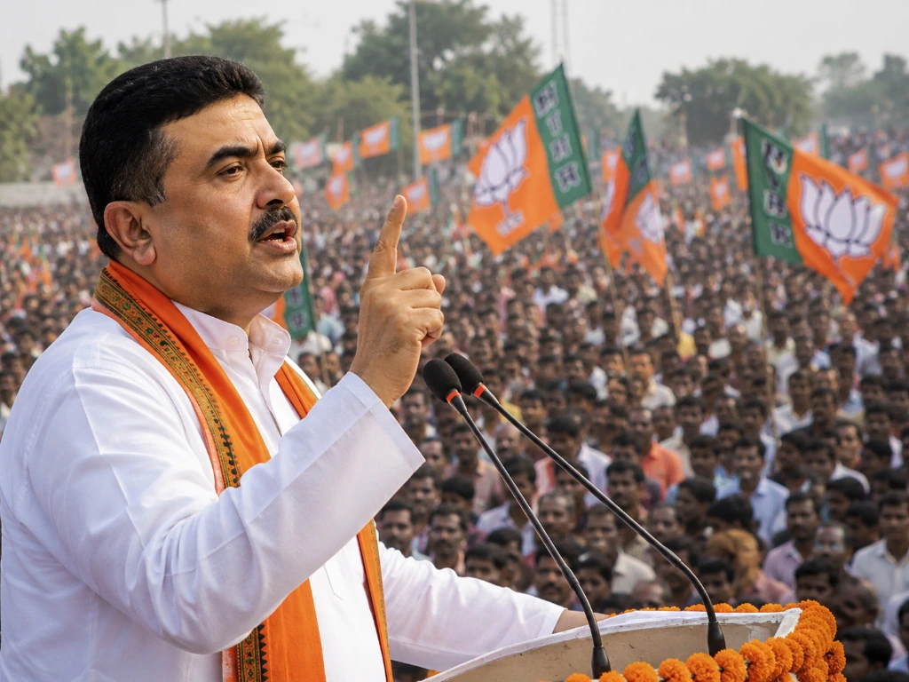 Suvendu Adhikari speaking at a major political gathering during West Bengal’s political transition period Suvendu Adhikari addressing a large political rally in West Bengal with BJP supporters and party flags in the background