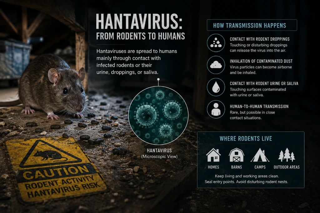 Illustration explaining how hantavirus spreads from infected rodents to humans
