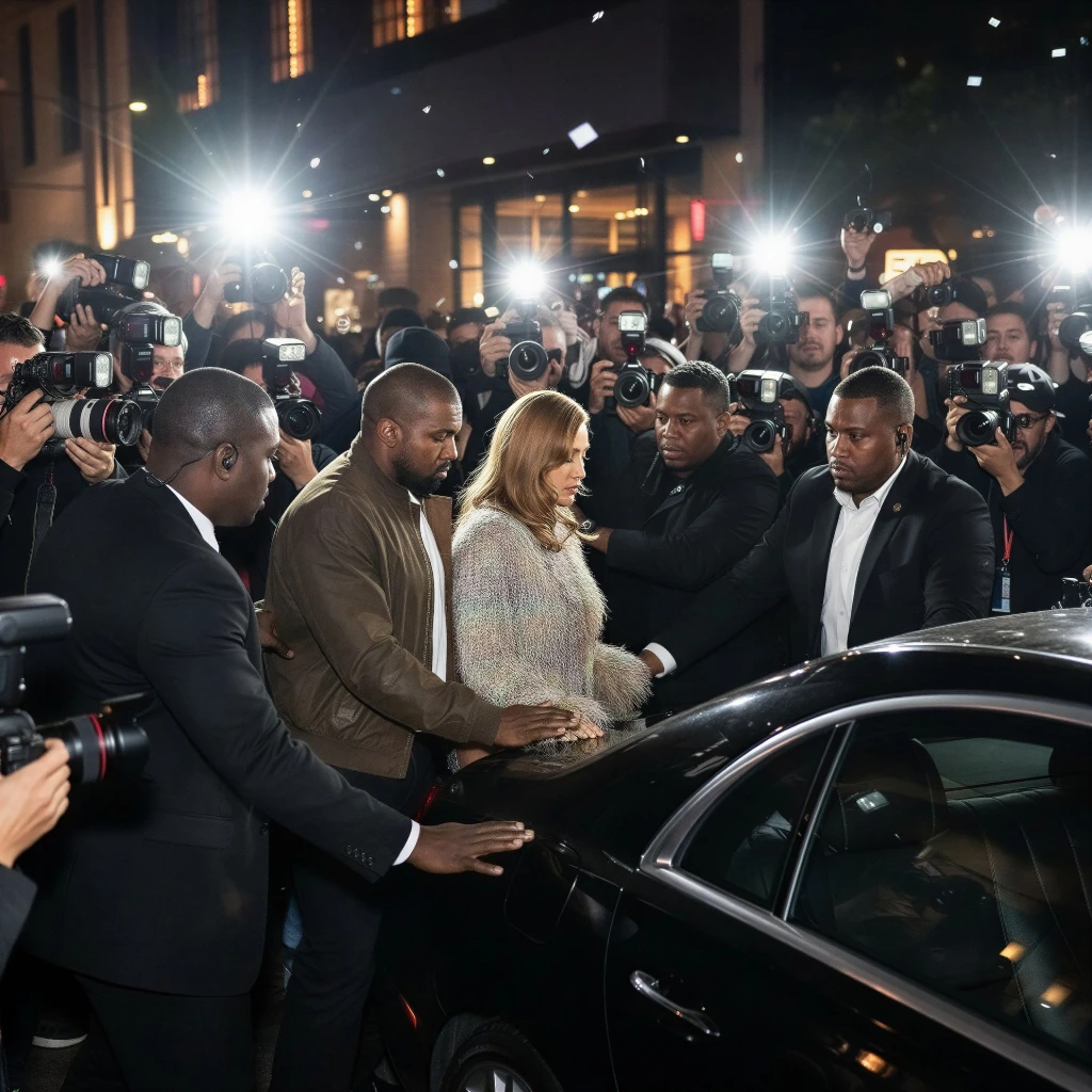Bianca Censori and Kanye West surrounded by paparazzi during a high-profile nightlife appearance in Los Angeles
