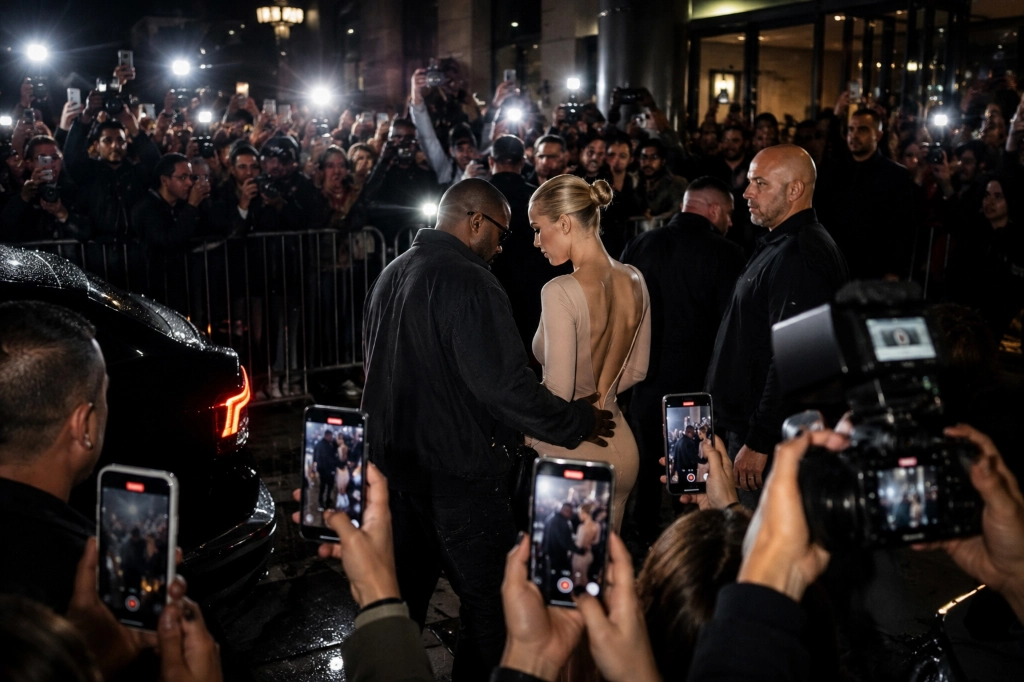 Bianca Censori and Kanye West surrounded by paparazzi and smartphone cameras during a viral Los Angeles nightlife appearance