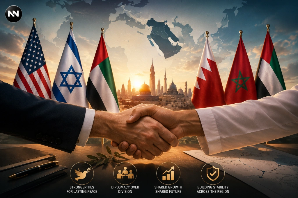 Diplomatic handshake symbolizing the Abraham Accords alongside Middle Eastern and international flags.