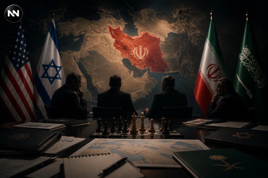 Cinematic geopolitical illustration showing rising tensions involving Iran, the United States, Israel and Saudi Arabia during Middle East diplomatic negotiations.