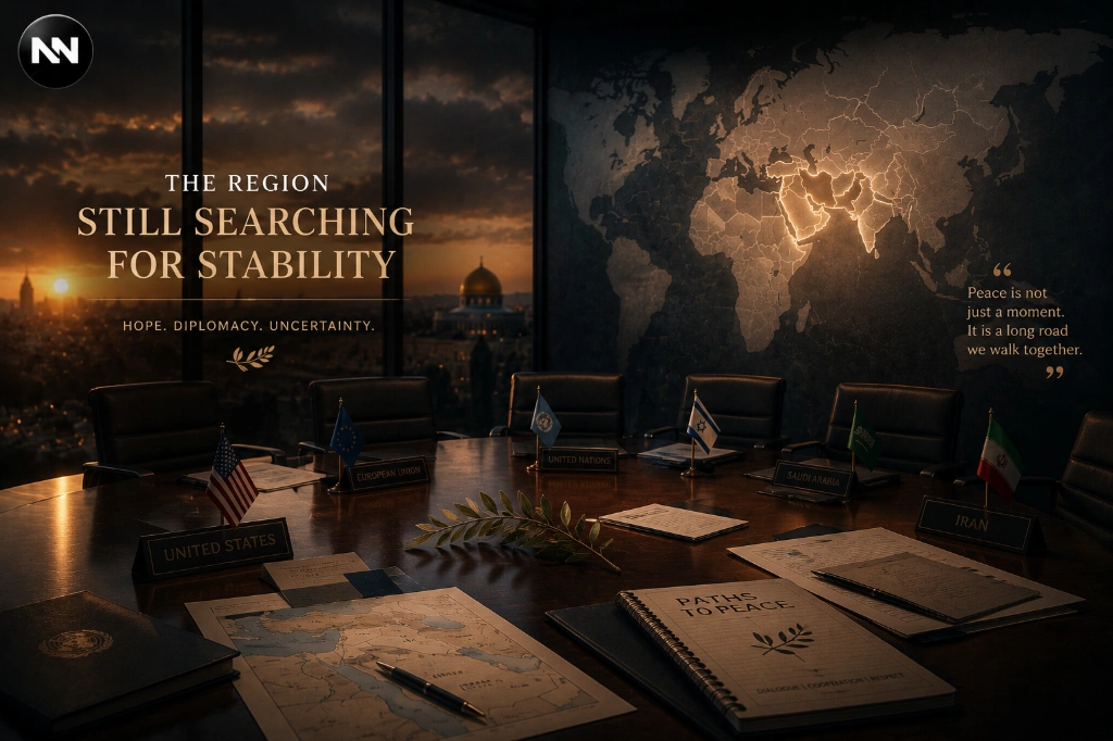 Cinematic editorial illustration depicting ongoing Middle East diplomatic uncertainty and regional peace negotiations involving global powers.
