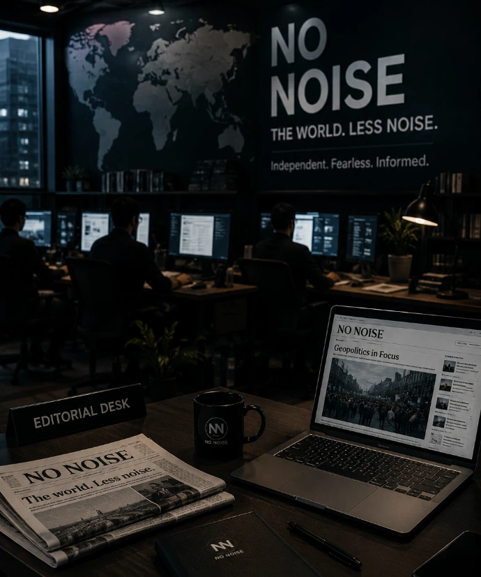 No Noise editorial newsroom workspace with global news monitoring screens and editorial desk setup