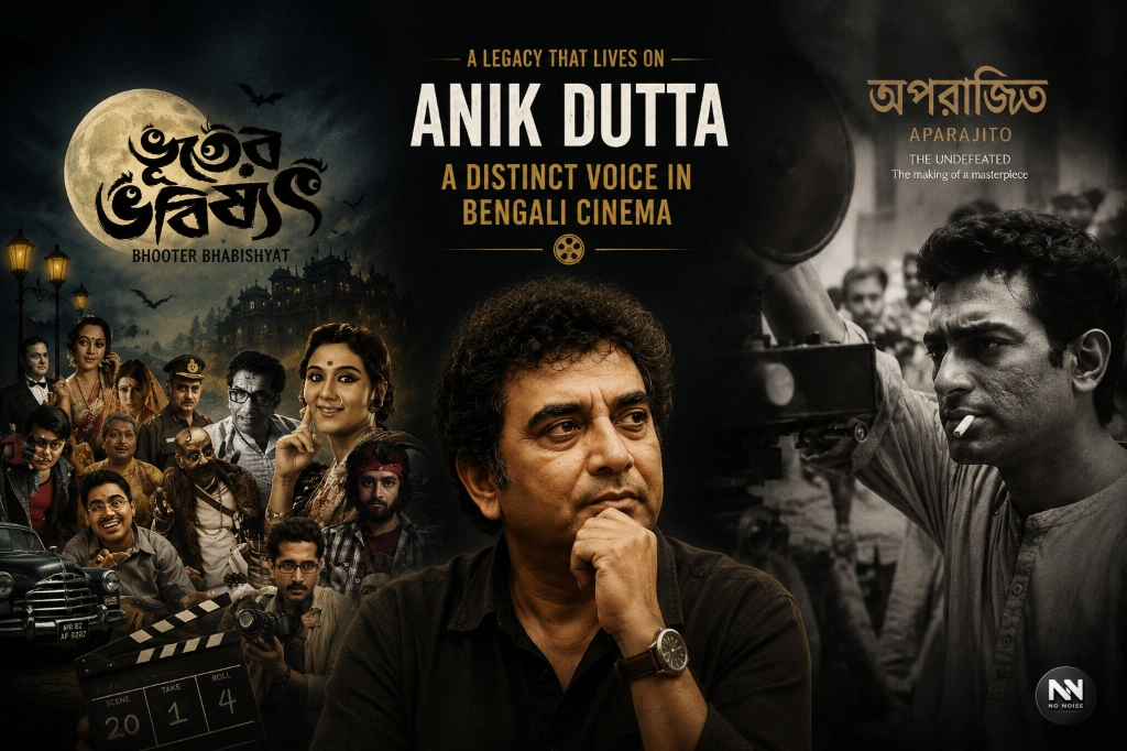 Cinematic tribute graphic of filmmaker Anik Dutta featuring visual references to Bhooter Bhabishyat and Aparajito with a Bengali cinema inspired editorial design