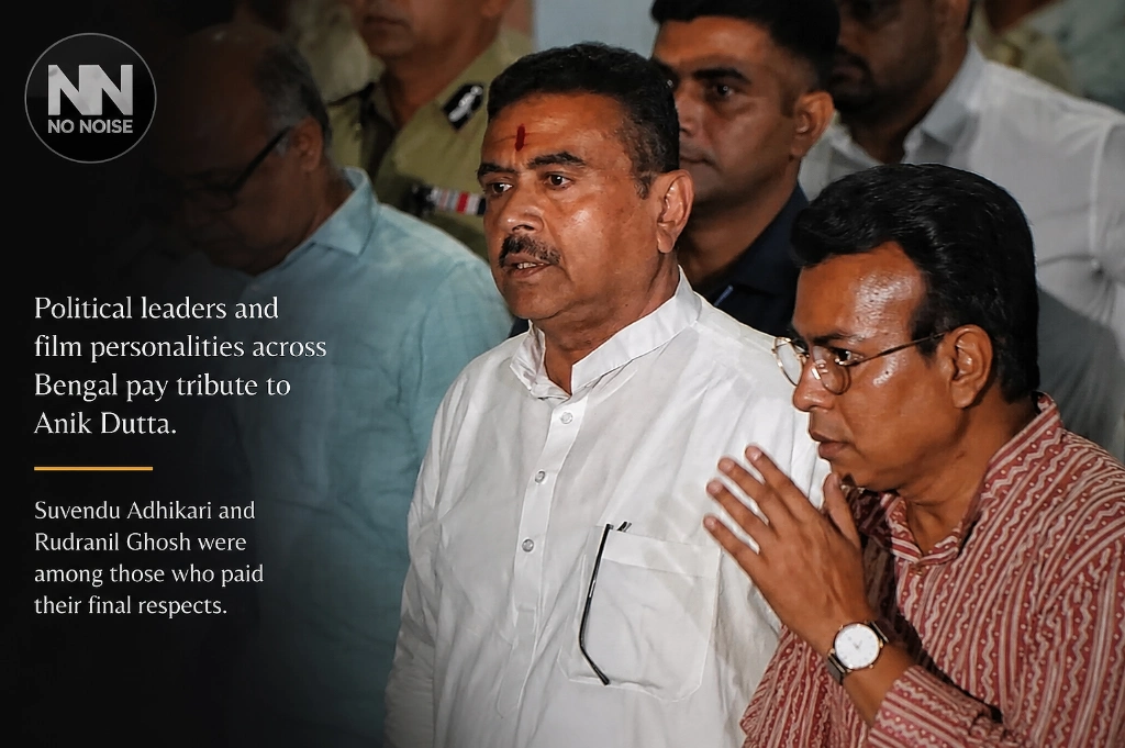 Suvendu Adhikari and Rudranil Ghosh paying tribute to filmmaker Anik Dutta during his final farewell in Kolkata