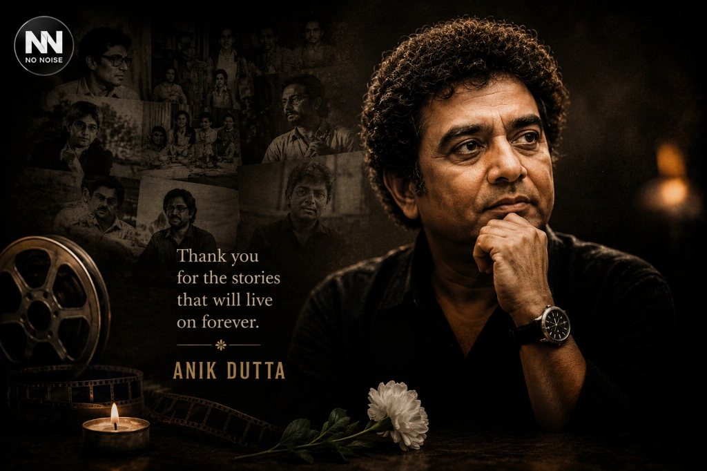 Cinematic memorial tribute graphic honoring Bengali filmmaker Anik Dutta with film-inspired visuals, candlelight and nostalgic editorial design