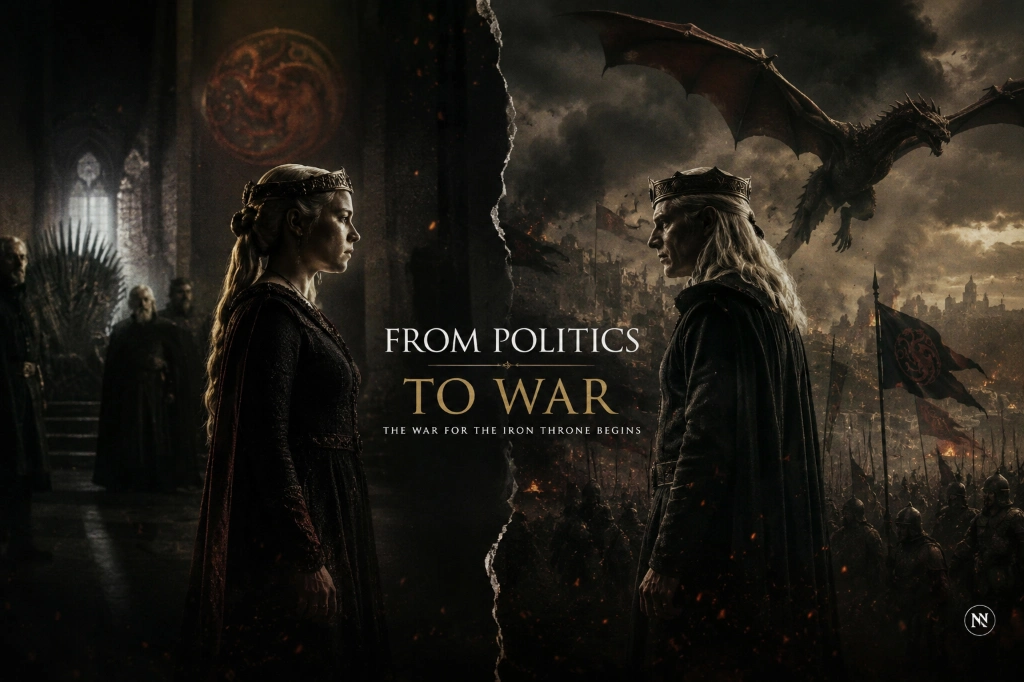 Rhaenyra and Aegon face each other as Westeros descends into war, with dragons and armies gathering across the battlefield in House of the Dragon Season 3.