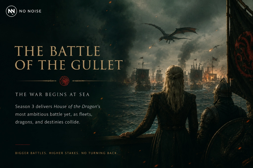 Rhaenyra watches as dragonfire engulfs warships during the Battle of the Gullet, one of the largest naval conflicts teased in House of the Dragon Season 3.