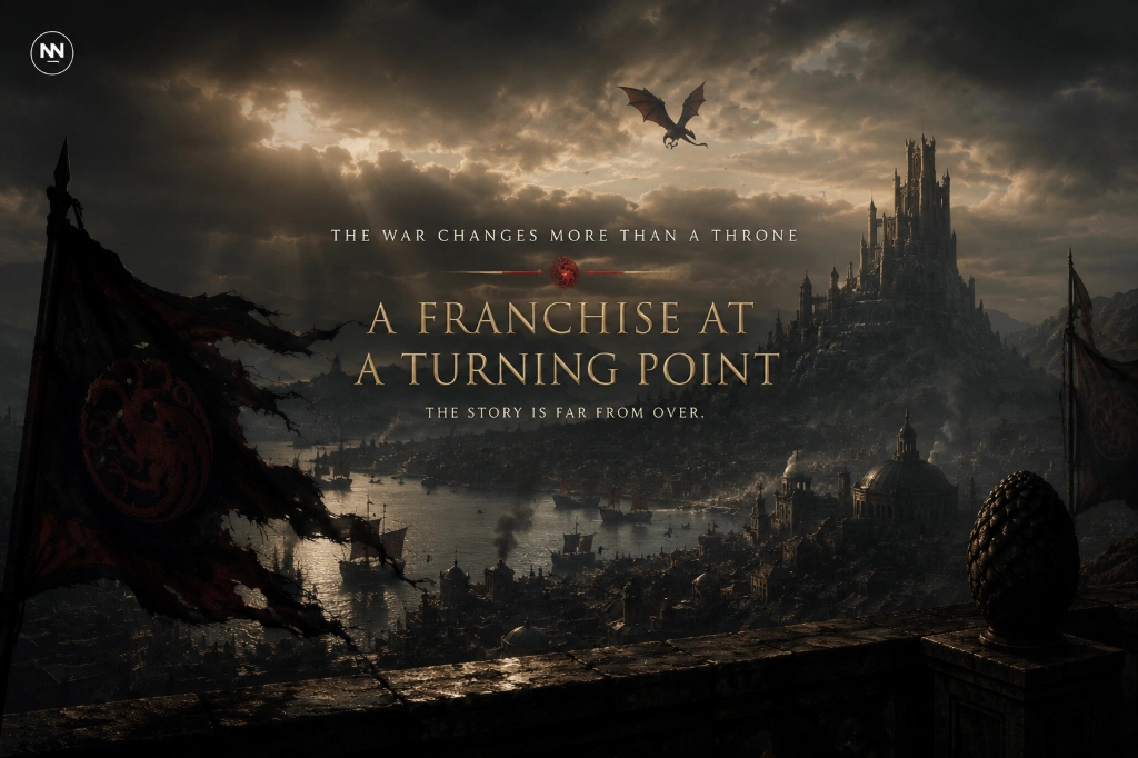 A dragon flies above a vast Westeros skyline as House of the Dragon enters a pivotal new chapter that could shape the future of the franchise.