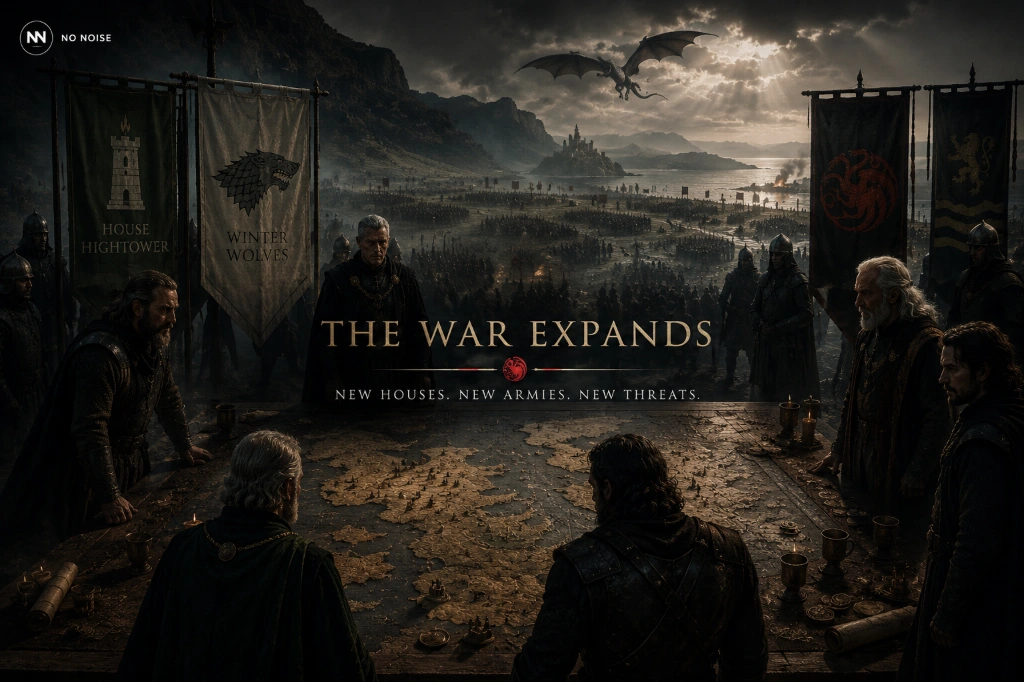 Military leaders gather around a war map as new alliances, rival houses and expanding armies reshape the conflict in House of the Dragon Season 3.